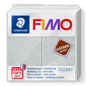 Staedtler FIMO leather-effect dove grey 8010-809 in its pack with the leather-effect badge, 130°C 30 min oven symbol and 57 g printed