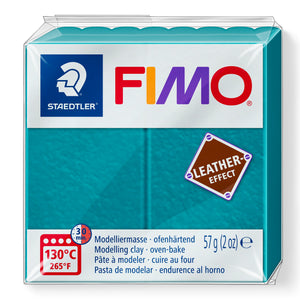 Staedtler FIMO leather-effect lagoon 8010-369 in its pack with the leather-effect badge, 130°C 30 min oven symbol and 57 g printed