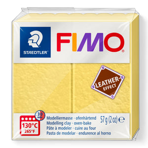 Staedtler FIMO leather-effect saffron yellow 8010-109 in its pack with the leather-effect badge, 130°C 30 min oven symbol and 57 g printed