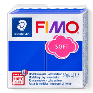 Staedtler FIMO soft 8020-33 pack in brilliant blue, current design with the pink cloud SOFT logo, 110°C 30 minute oven mark and 57 g (2 oz) label