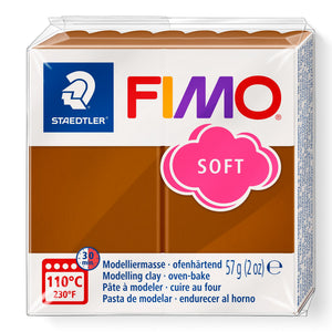 Current Staedtler FIMO soft 8020-7 caramel pack with the pink cloud SOFT logo, warm light brown block visible and 57 g (2 oz) printed