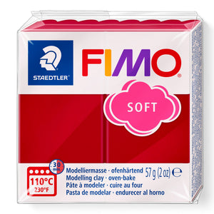 Current Staedtler FIMO soft pack for 8020-26 in cherry red, pink SOFT cloud logo, 57 g (2 oz) weight and 110°C oven mark