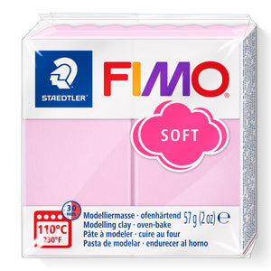Light pink FIMO soft 57g block in its current wrapper: STAEDTLER FIMO logo, pink SOFT cloud and a pale pink clay window