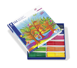 Staedtler class pack of 144 fibre-tip pens opened, lid printed with a painted tree and butterflies, pens sorted by colour in card dividers