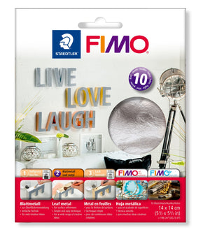 FIMO leaf metal silver pack, Live Love Laugh letters, a round window showing crumpled silver leaf, a 10 badge and the step picture strip