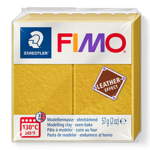 FIMO leather effect ochre block in a clear wrapper with the LEATHER-EFFECT badge, printed 57 g and 130°C 265°F 30 min