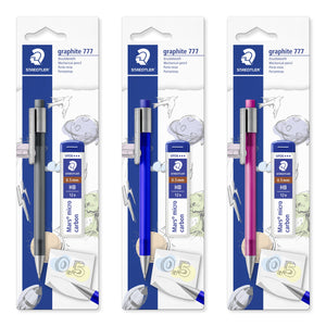 Three Staedtler graphite 777 blister cards with grey, blue and pink pencils, each card also holding a Mars micro carbon 0.5 mm HB tube of 12 leads