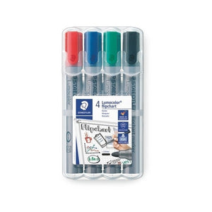 Staedtler Lumocolor flipchart 356 WP4 box of 4 standing upright, red, blue, green and black caps above a sleeve with flipchart sketches