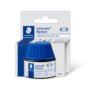 Staedtler Lumocolor flipchart 488 56-3 refill station in its light grey retail box, blue capped pot with the label refill station for marker 356, 356 B and 30 ml printed on the box