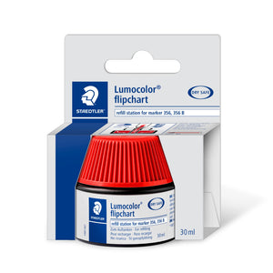 Staedtler Lumocolor flipchart 488 56-2 refill station in its light grey retail box, red capped pot with the label refill station for marker 356, 356 B and 30 ml printed on the box