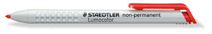 Staedtler Lumocolor non-permanent omnichrom 768N-2 leadholder lying flat, white barrel printed STAEDTLER non-permanent Lumocolor, red clip and red tip