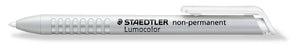 Side view of the Staedtler Lumocolor non-permanent omnichrom 768N-0 leadholder with a light grey ribbed barrel, white clip and white lead tip