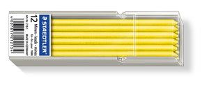 Clear Staedtler tray of 12 yellow 218-1 omnichrom refill leads with a blue STAEDTLER label printed 12 and a barcode on the end