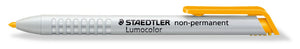 Yellow Staedtler 768N-1 Lumocolor non-permanent omnichrom leadholder lying flat, grey grip barrel and yellow clip, one of five in the box