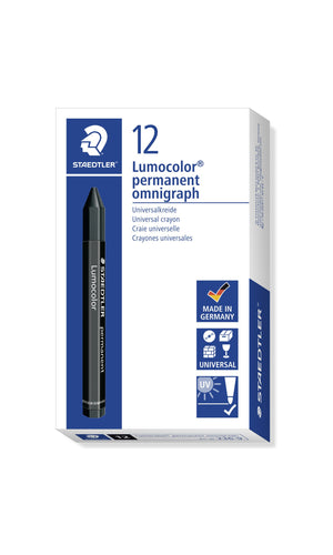 Staedtler box of 12 Lumocolor permanent omnigraph universal crayons with a black crayon on the front and Made in Germany, universal and UV pictograms