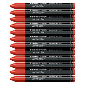 Stack of twelve red Staedtler Lumocolor permanent omnigraph crayons, red pointed tips with black printed wraps