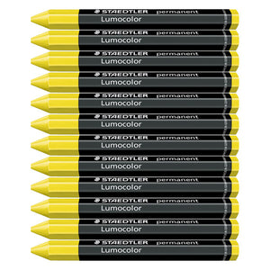 Twelve yellow Staedtler Lumocolor permanent omnigraph crayons stacked, black barrels with yellow ends and white STAEDTLER permanent print
