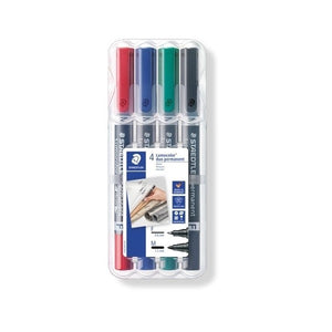 Clear Staedtler wallet of four Lumocolor permanent duo markers in red, blue, green and black, insert showing F and M tips