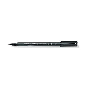 Black Staedtler Lumocolor permanent 318-9 fine pen with black cap lying on its side
