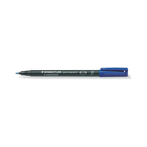 Staedtler Lumocolor permanent 318-3 fine pen with blue cap and black barrel lying flat