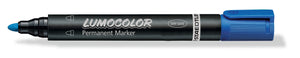 Blue Staedtler Lumocolor permanent marker 352-3 lying flat with the cap removed, round bullet tip at the left