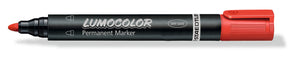 Red Staedtler Lumocolor permanent marker 352-2 shown uncapped, round red bullet tip at the left of the black barrel