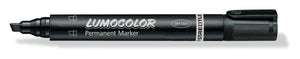 Staedtler Lumocolor 350-9 permanent marker with the cap off, black barrel and angled chisel tip, current LUMOCOLOR barrel print