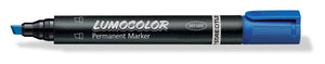 Staedtler Lumocolor 350-3 blue permanent marker uncapped, black barrel with a blue chisel tip and blue end