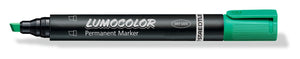 Green Staedtler Lumocolor permanent marker 350-5 with the cap off, chisel tip pointing left