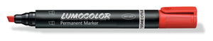 Red Staedtler Lumocolor permanent marker 350-2 lying flat, uncapped, with the chisel tip to the left