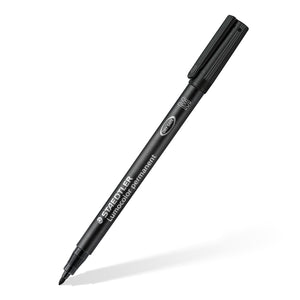 Black Lumocolor permanent medium pen lying diagonally with cap on, Staedtler product shot