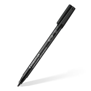 Black Staedtler Lumocolor permanent pen 314 held at an angle with the cap on