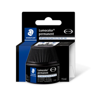 Staedtler Lumocolor permanent 487 17-9 refill station in its black retail box, black capped pot with the label refill station for pens 313, 314, 317, 318 and 15 ml printed on the box