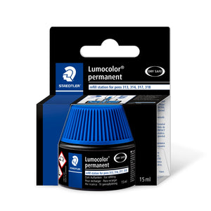 Staedtler Lumocolor permanent 487 17-3 refill station in its black retail box, blue capped pot with the label refill station for pens 313, 314, 317, 318 and 15 ml printed on the box