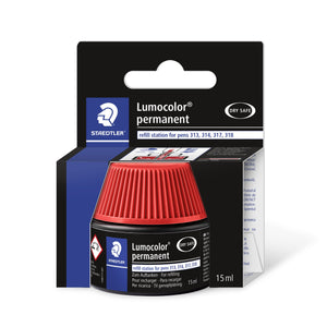 Staedtler Lumocolor permanent 487 17-2 red refill pot in its black hanging carton, label printed refill station for pens 313, 314, 317, 318 and 15 ml