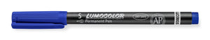 Blue Lumocolor permanent 313-3 superfine pen, capped, with S, LUMOCOLOR Permanent Pen and small AP mark printed on the barrel
