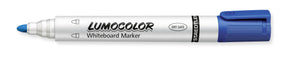 Blue Lumocolor 351 whiteboard marker uncapped, round bullet tip and white barrel printed LUMOCOLOR Whiteboard Marker, one of the 19 markers in the cup