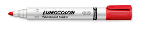 Red Staedtler Lumocolor whiteboard marker lying flat with the cap posted, rounded bullet tip at the left