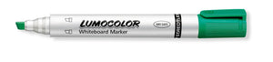 Green Staedtler Lumocolor whiteboard marker lying flat with the cap posted on the end, chisel tip showing at the left