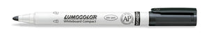 Staedtler Lumocolor whiteboard compact 341-9 black marker with the cap off, white barrel printed LUMOCOLOR whiteboard compact and DRY SAFE, black cap and bullet tip