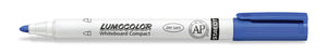 Staedtler Lumocolor whiteboard compact 341-3 blue marker with the cap off, white barrel printed LUMOCOLOR whiteboard compact and DRY SAFE, blue cap and bullet tip
