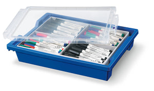 Staedtler 341 G144 tote tray: a blue tray with a clear lid lifted at one side, filled with rows of Lumocolor whiteboard compact markers