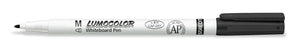 Black Staedtler Lumocolor whiteboard pen 301-9 uncapped, white barrel printed M, LUMOCOLOR Whiteboard Pen and an 8 h CAP-OFF oval