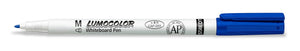 Blue Staedtler Lumocolor whiteboard pen 301-3 with the cap off, slim white barrel printed M, LUMOCOLOR Whiteboard Pen and 8 h CAP-OFF