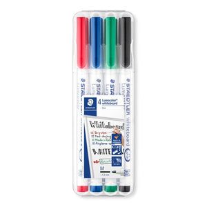 Clear Staedtler wallet of four Lumocolor whiteboard pens with red, blue, green and black caps; insert shows Made in Germany and M approx. 1.0 mm