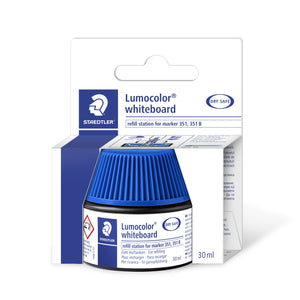 Staedtler Lumocolor whiteboard 488 51-3 blue refill pot shown in its hanging carton, printed refill station for marker 351, 351 B and 30 ml