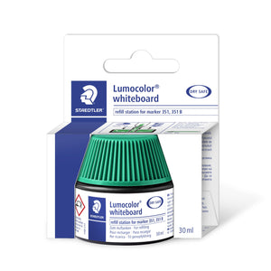 Green Staedtler Lumocolor whiteboard refill station 488 51-5 inside its white and blue carton with hang tab, printed 30 ml and marker 351, 351 B