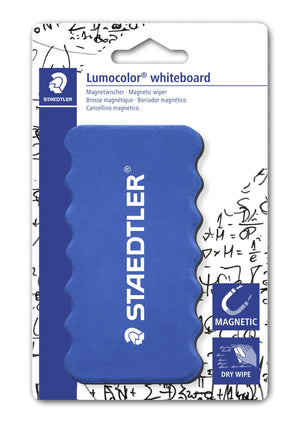 Staedtler Lumocolor whiteboard wiper 652 on its blistercard, a blue wave-edged wiper printed STAEDTLER with Magnetic and Dry wipe icons