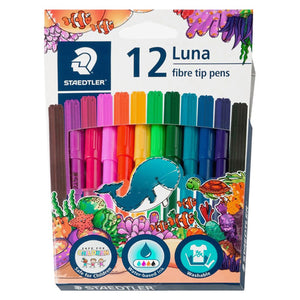 Staedtler box of 12 Luna fibre tip pens: twelve coloured caps in a row over a sea life scene with a whale, turtle and clownfish, water-based ink and washable badges