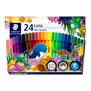 Staedtler landscape box of 24 Luna fibre tip pens in assorted colours, pens across the top and sea life artwork with a whale below